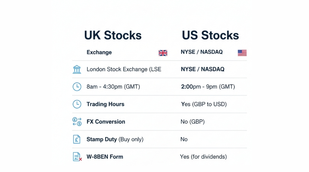 Comparison graphic showing the differences between buying UK stocks and US stocks from the UK.