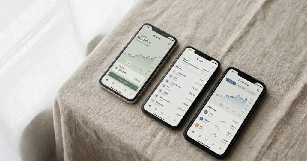 Three smartphones showing different UK trading app dashboards compared side by side