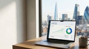 Laptop showing a generic investment dashboard on a desk, representing a Vanguard Investor UK review