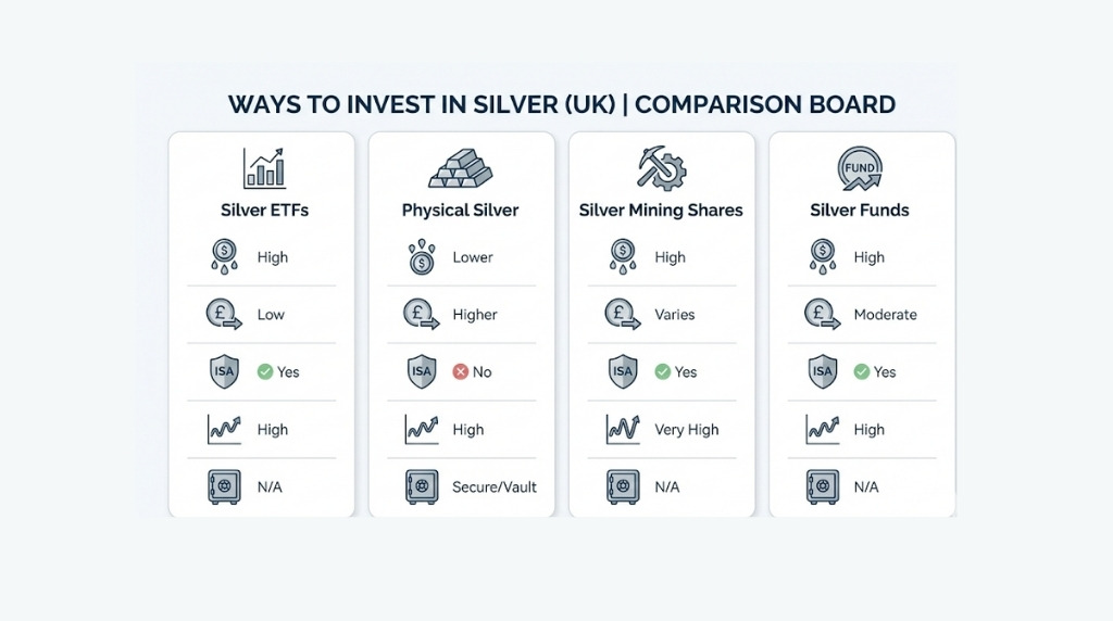 Infographic comparing silver ETFs, physical silver, mining shares, and silver funds for UK investors.