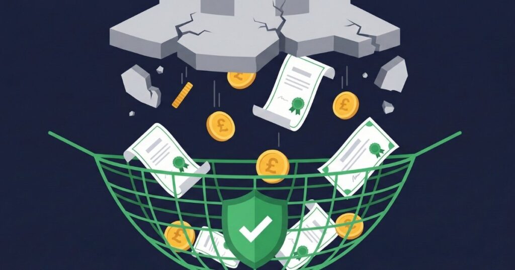 Illustration showing the process of asset recovery if a broker becomes insolvent with FSCS safety net