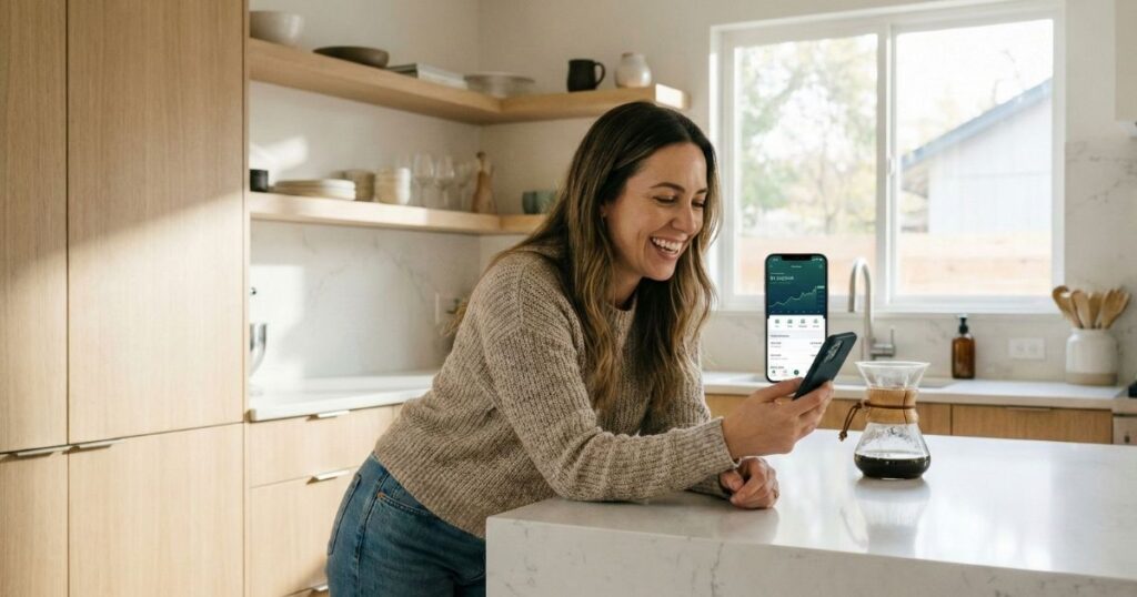 Woman managing UK dividend stock portfolio inside a stocks and shares ISA on smartphone