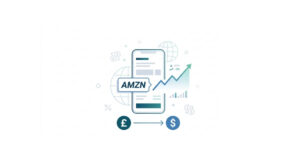 How to buy Amazon shares in the UK showing a US stock purchase with GBP to USD conversion and a rising share price chart