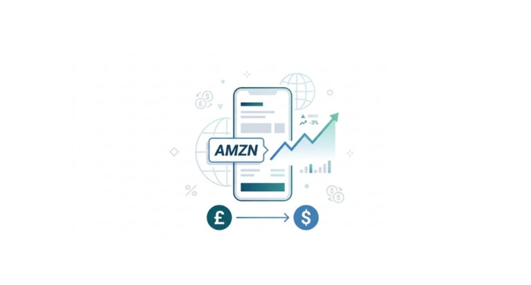 How to buy Amazon shares in the UK showing a US stock purchase with GBP to USD conversion and a rising share price chart
