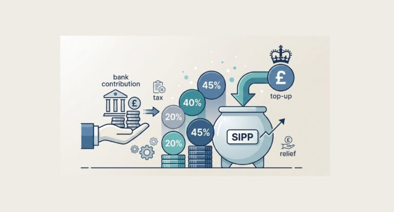 SIPP tax relief explained showing how pension contributions receive government top-ups at different tax rates in the UK