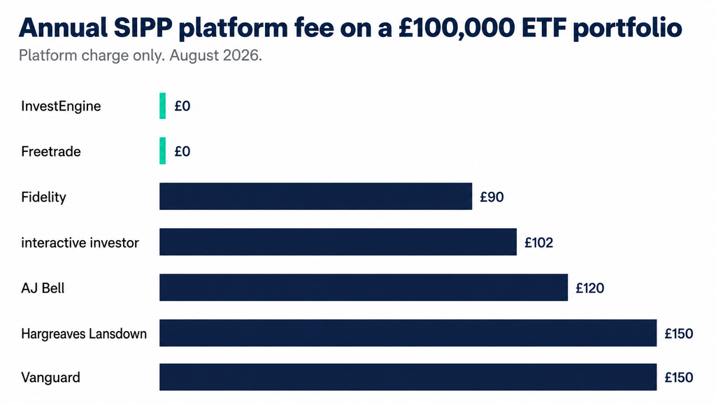 Bar chart comparing annual SIPP platform fees on a £100,000 ETF portfolio, from £0 at InvestEngine and Freetrade to £150 at Hargreaves Lansdown and Vanguard